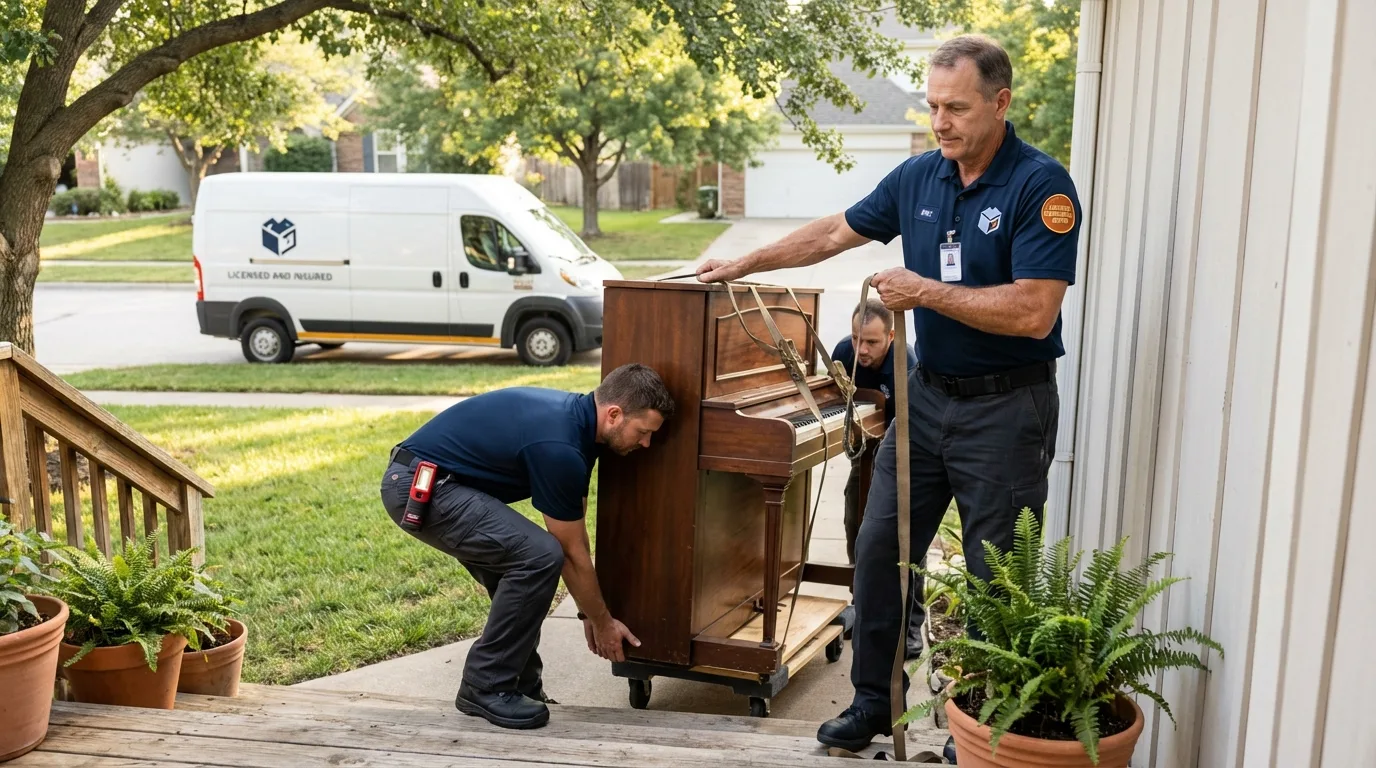 Licensed piano movers securing grand piano in Superior, NE
