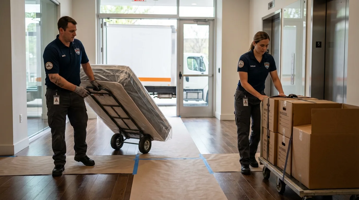 Professional apartment movers loading elevator in Superior, NE