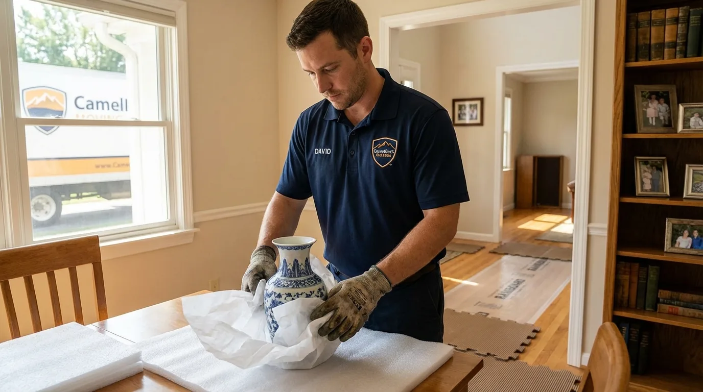 Professional crew carefully wrapping antique vase for senior downsizing move in Superior, NE